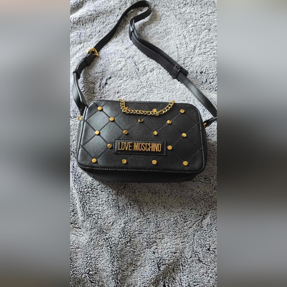 Love Moschino Black and Gold Crossbody Bag with Quilted Design